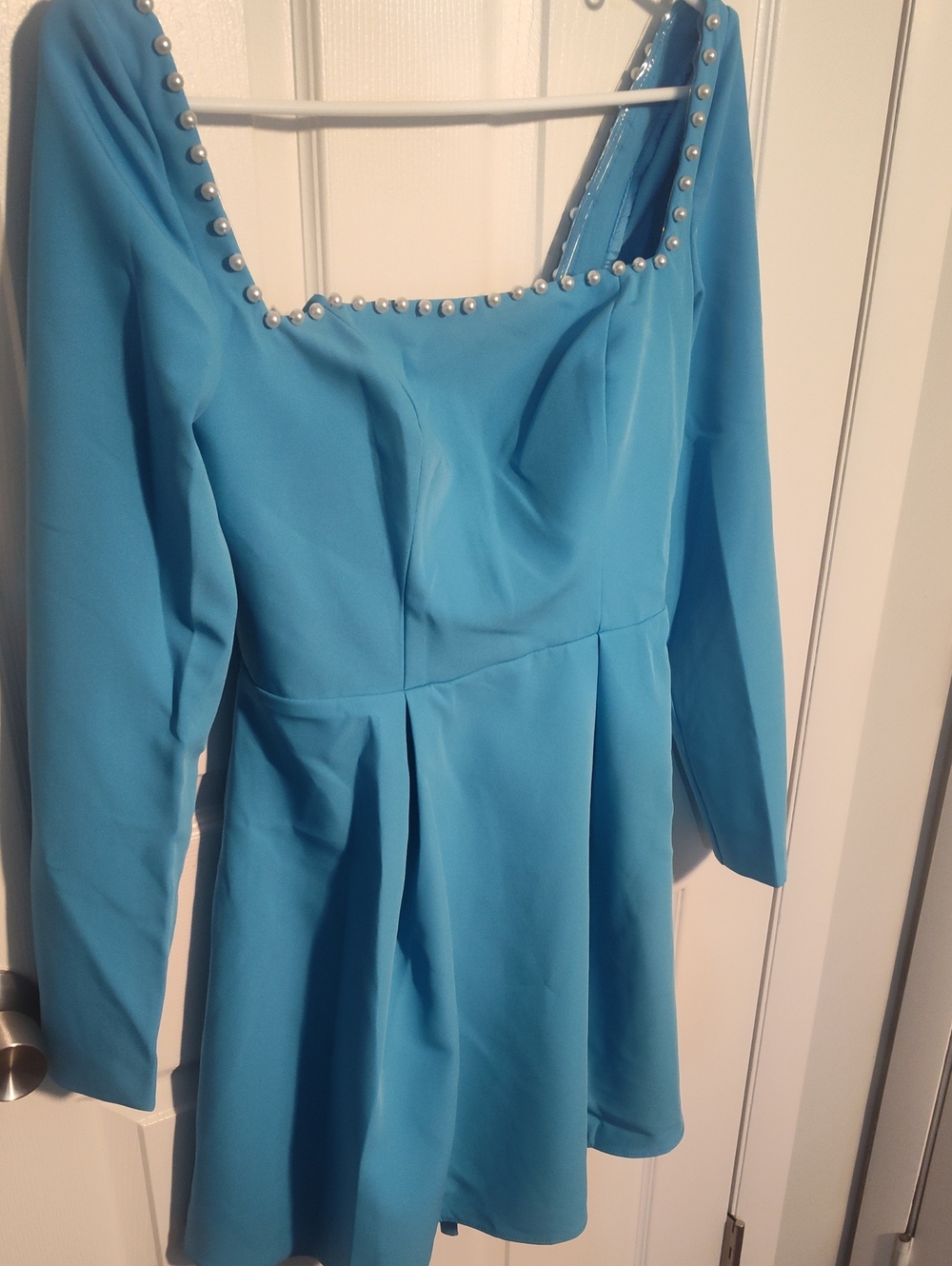 Blue Long Sleeve Square Neck Dress with Pearl Trim